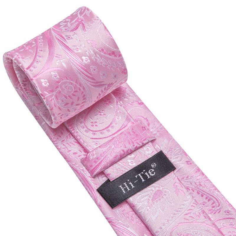 Hi-Tie Silk Paisley Ties for Men Necktie Pocket Square Cufflinks Set Foral Tie Sets Formal Business,Pink - Image 5
